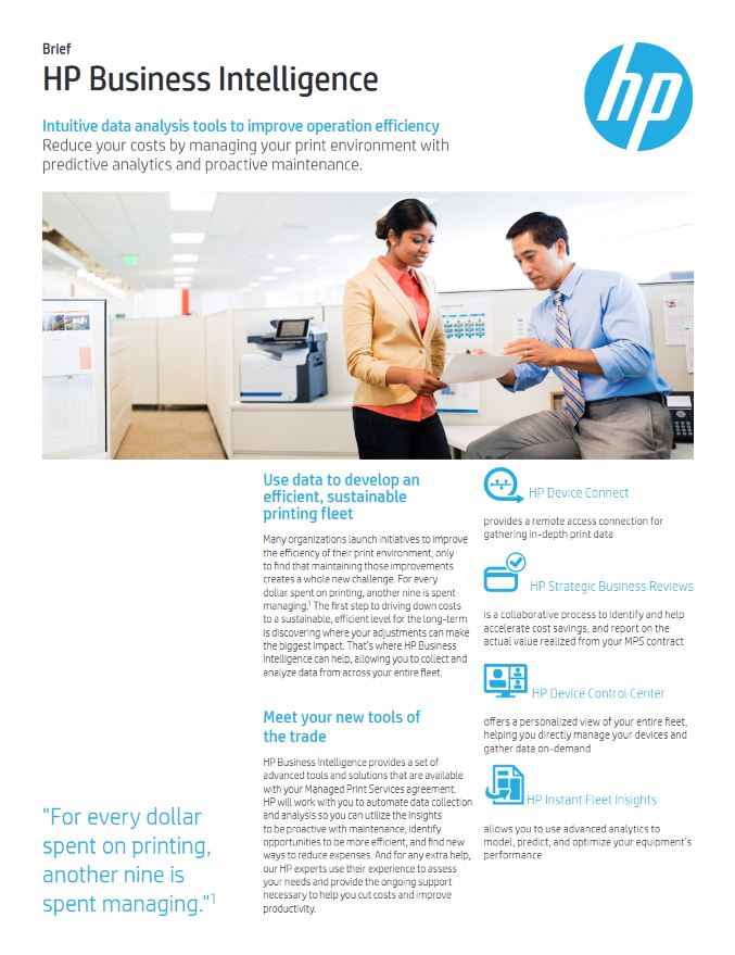 HP Business Intelligence Brochure Cover, HP, Hewlett Packard, Corporate Business Systems, Madison, WI, IL, Xerox, Canon, HP, Dealer, Reseller, Wisconsin, Illinois