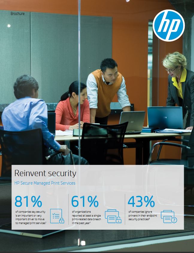 HP Managed Print Services Reinvent Security Brochure Cover, HP, Hewlett Packard, Corporate Business Systems, Madison, WI, IL, Xerox, Canon, HP, Dealer, Reseller, Wisconsin, Illinois