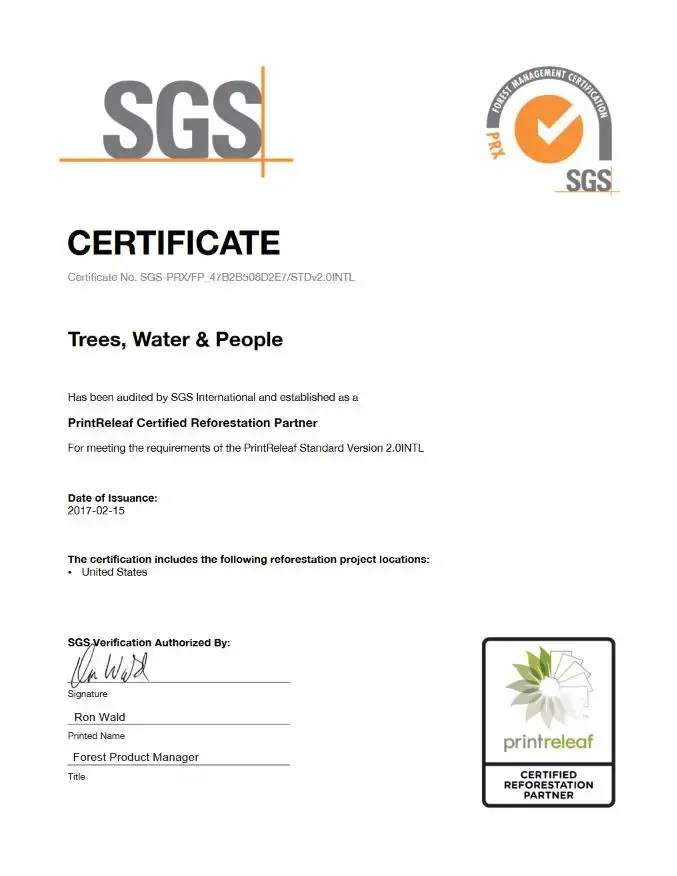SGS Certificate, PrintReleaf, Corporate Business Systems