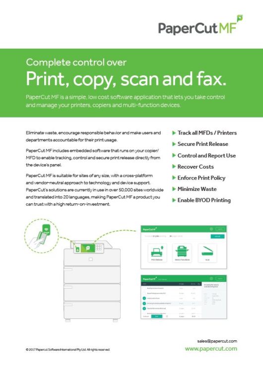 Fact Sheet Cover, Papercut MF, Corporate Business Systems, Madison, WI, IL, Xerox, Canon, HP, Dealer, Reseller, Wisconsin, Illinois