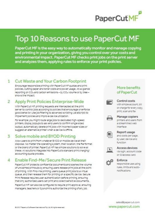 Top 10 Reasons, Papercut MF, Corporate Business Systems, Madison, WI, IL, Xerox, Canon, HP, Dealer, Reseller, Wisconsin, Illinois